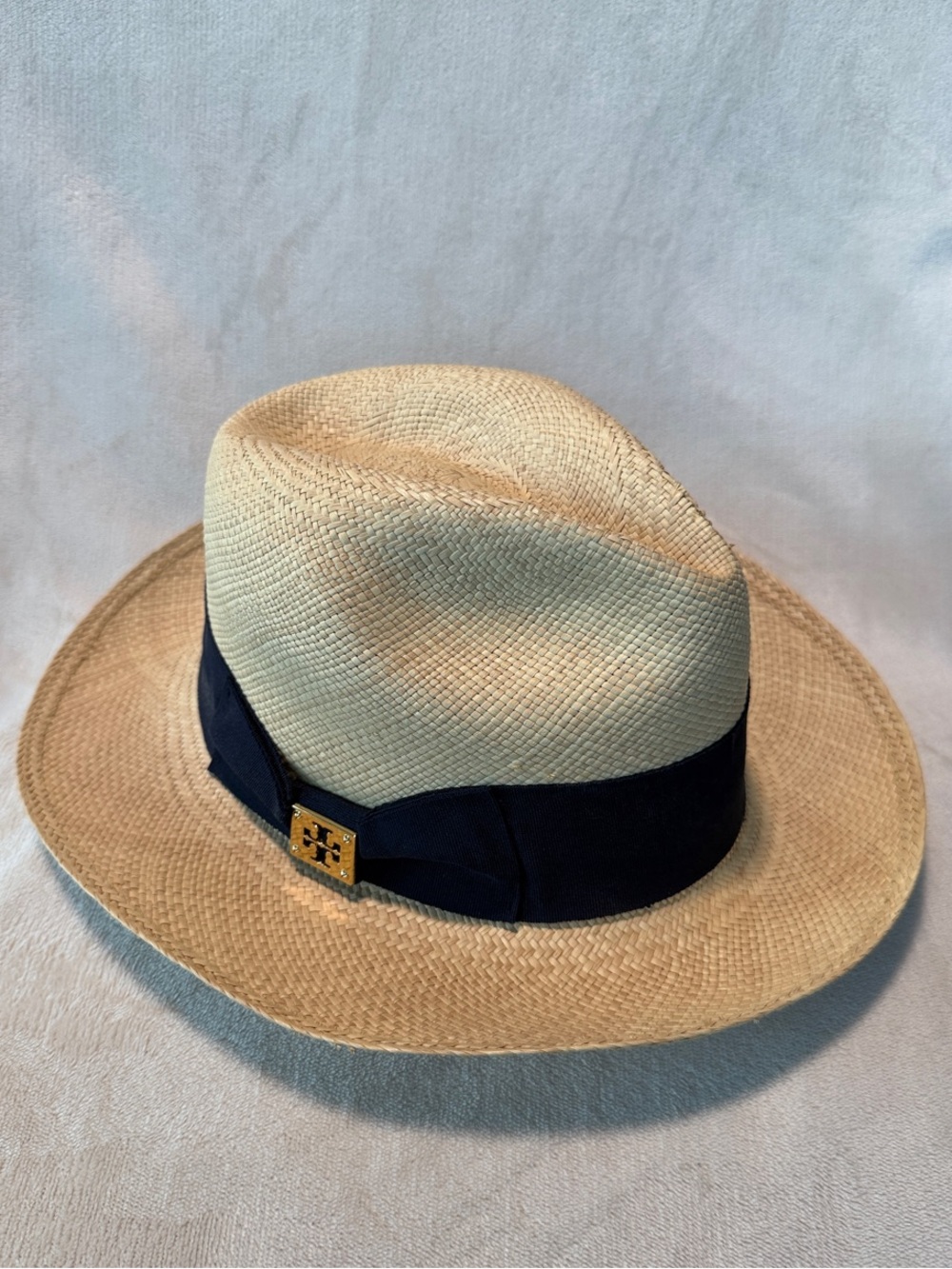 Tory Burch Women’s Straw Panama Fedora Hat,Navy Blue Grosgrain Ribbon,Gold Logo